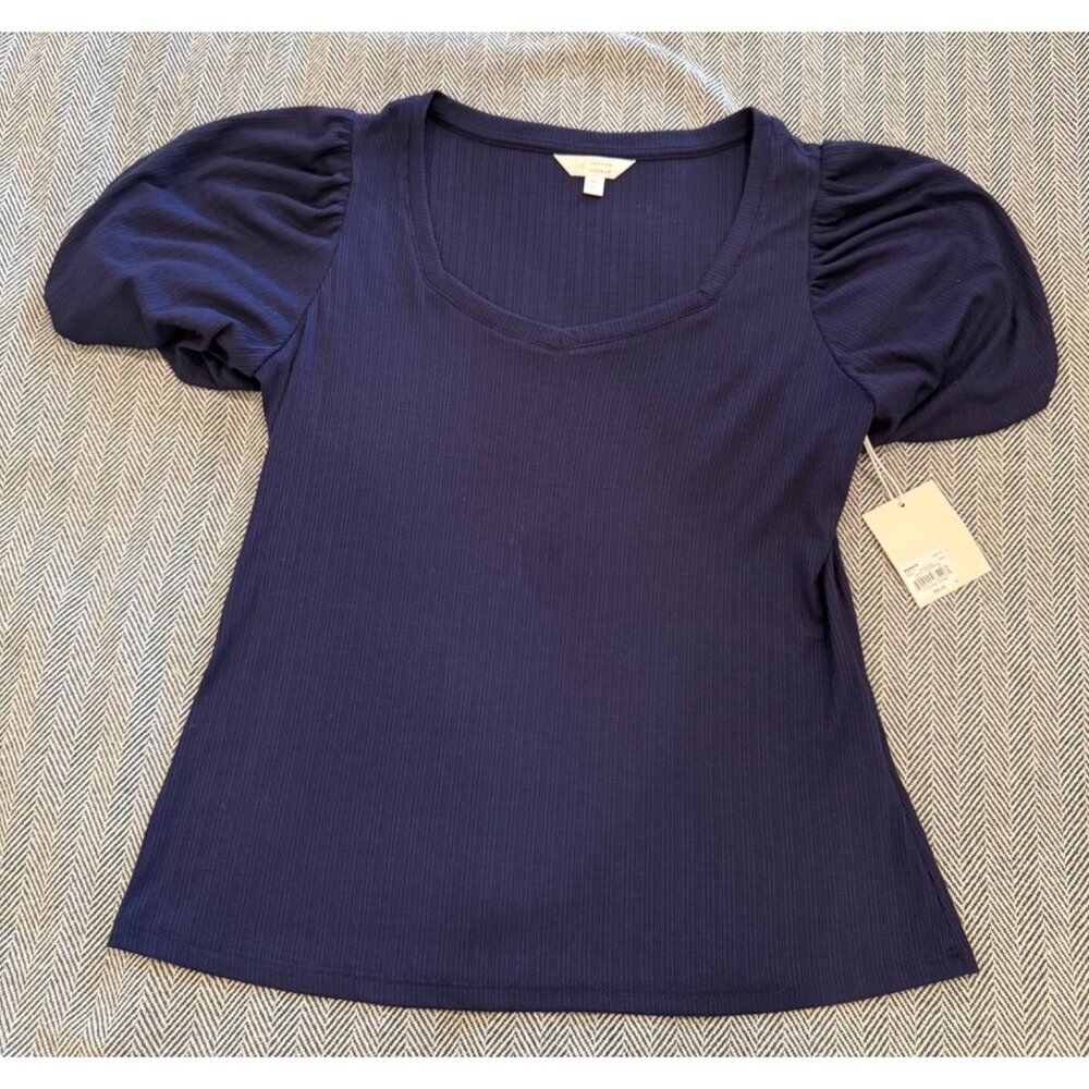 Lauren Conrad Puff Sleeve Navy Ribbed Knit Top Womens Size M NWT